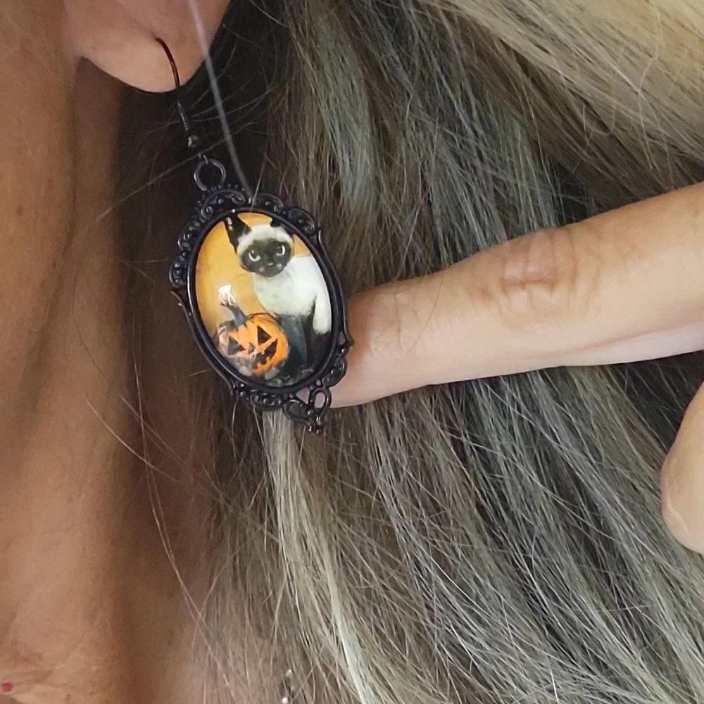 SIAMESE CAT HALLOWEEN PUMPKIN BROOCH DROP EARRINGS